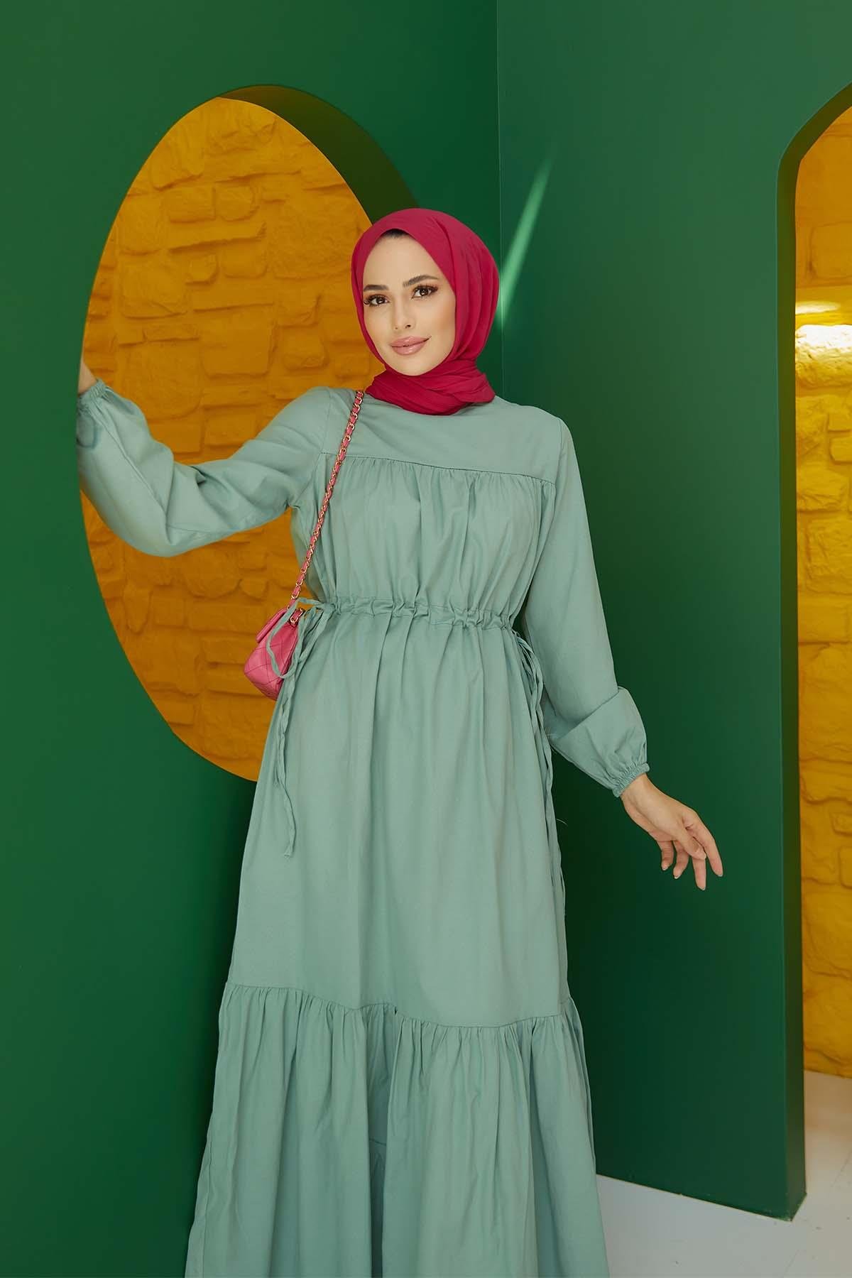 Tesettür Beli Bağcıklı Büzgülü Elbise MintHM4022
