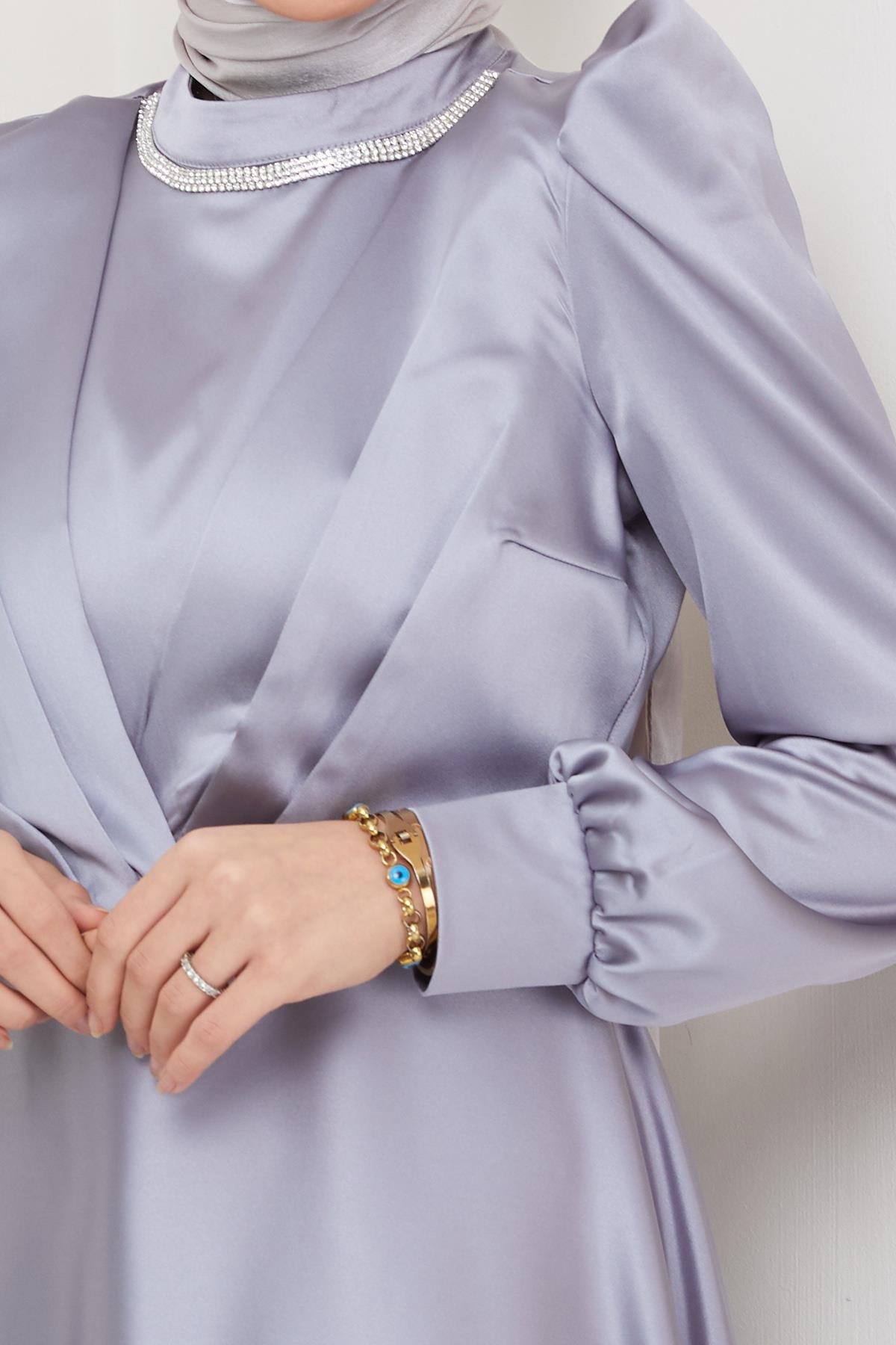 Hijab Bera Beli Stone Decoration Satin Evening GrayHM4102-1