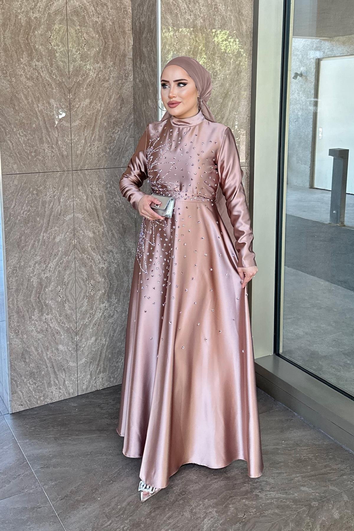 Tesettür Birce Saten Abiye GülLP6081