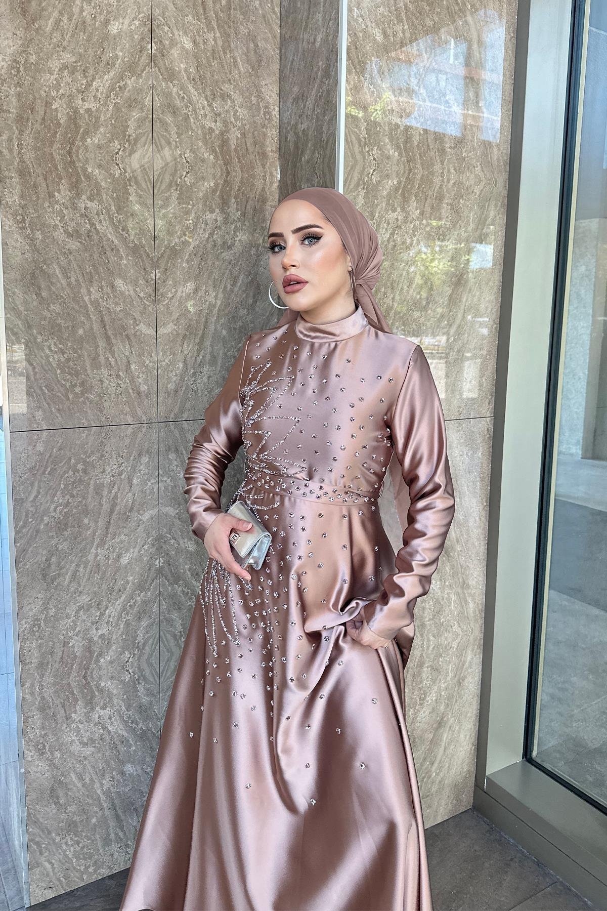 Tesettür Birce Saten Abiye GülLP6081