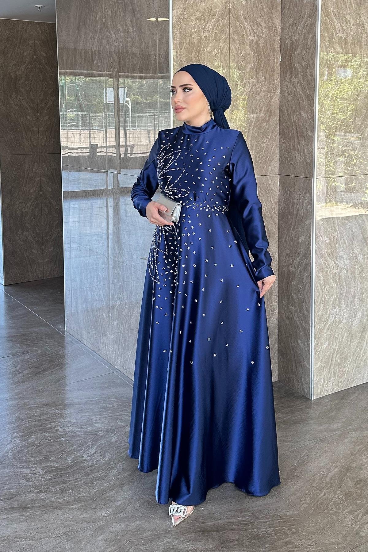 Tesettür Birce Saten Abiye LacivertLP6081