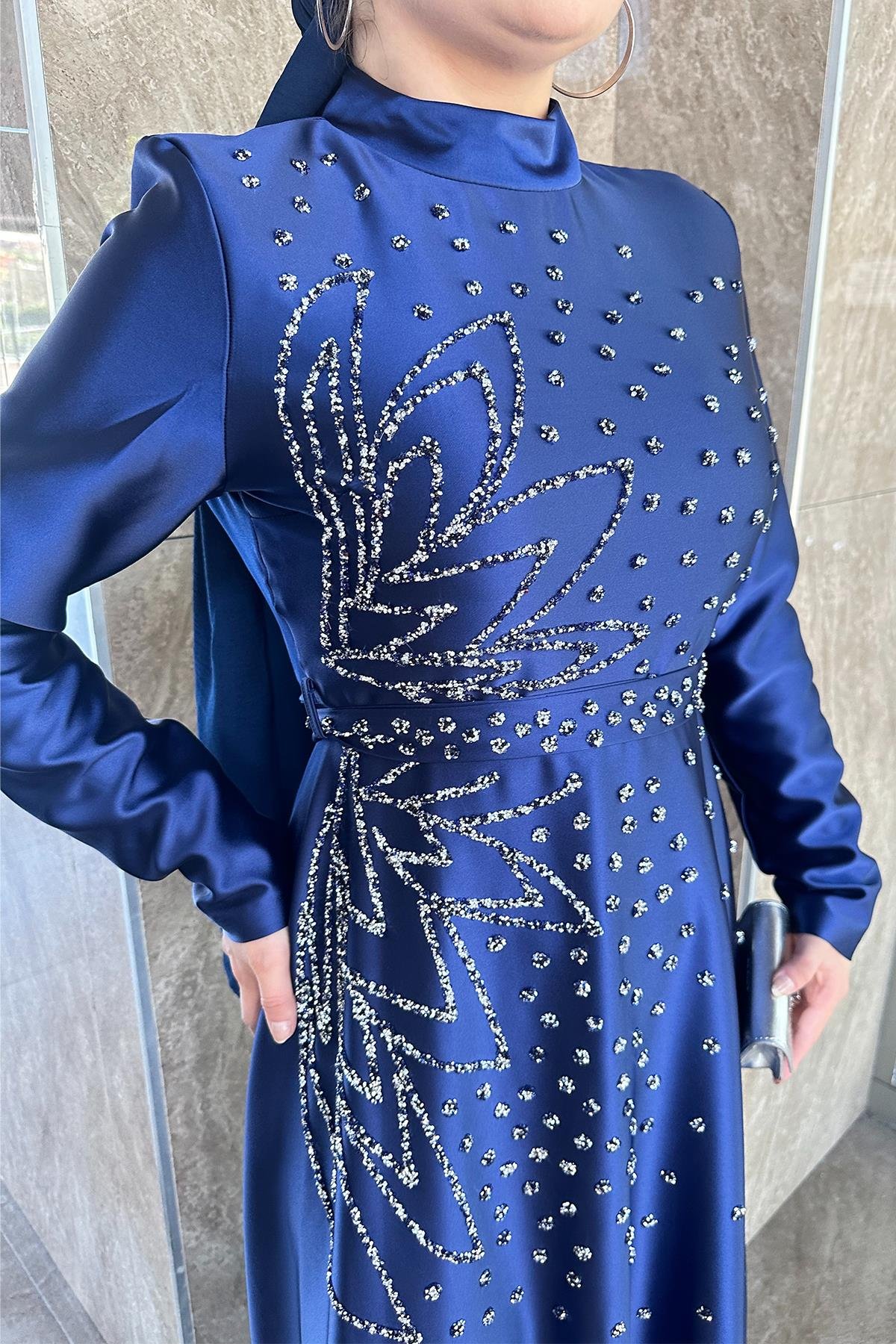 Tesettür Birce Saten Abiye LacivertLP6081