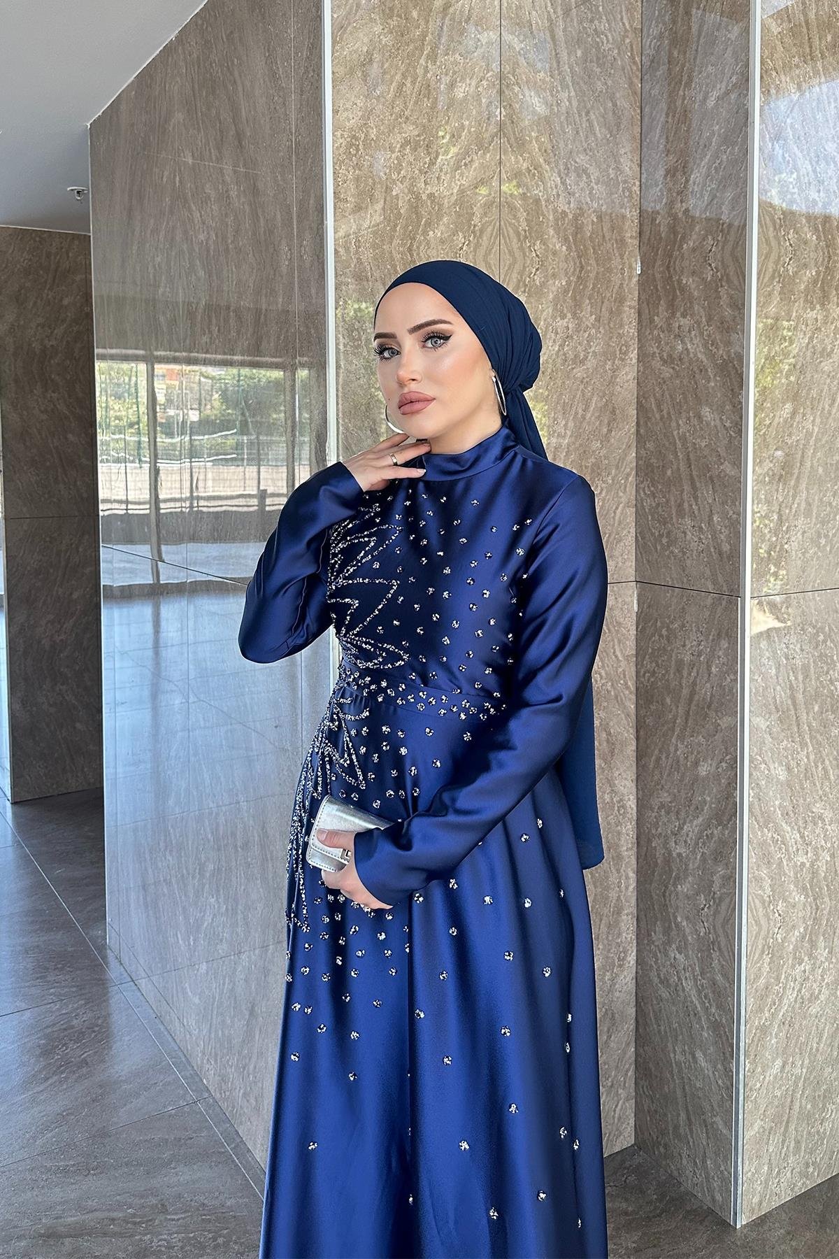 Tesettür Birce Saten Abiye LacivertLP6081