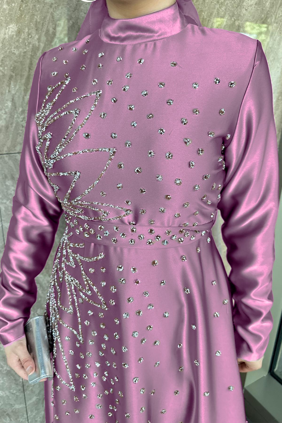 Tesettür Birce Saten Abiye LilaLP6081