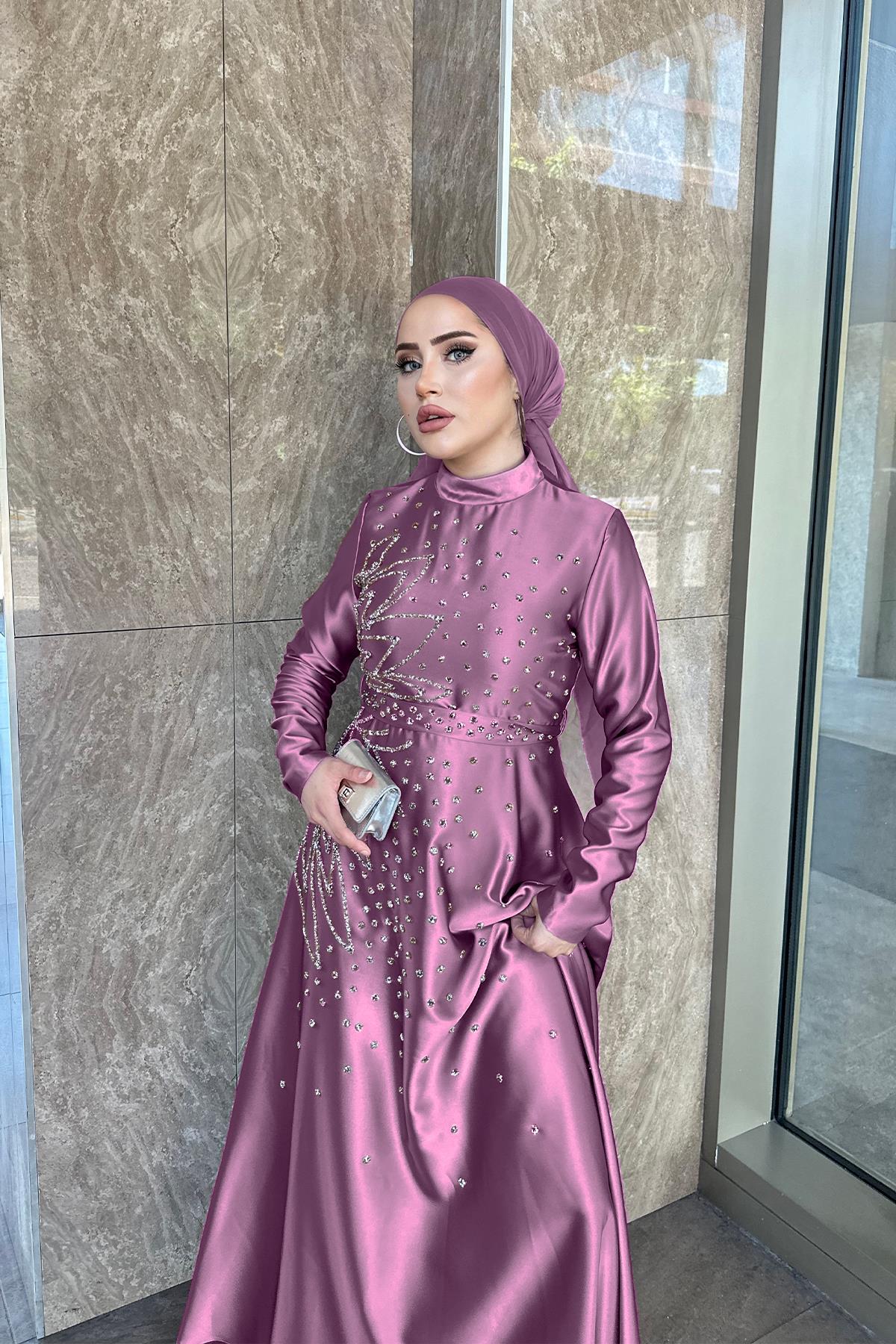 Tesettür Birce Saten Abiye LilaLP6081