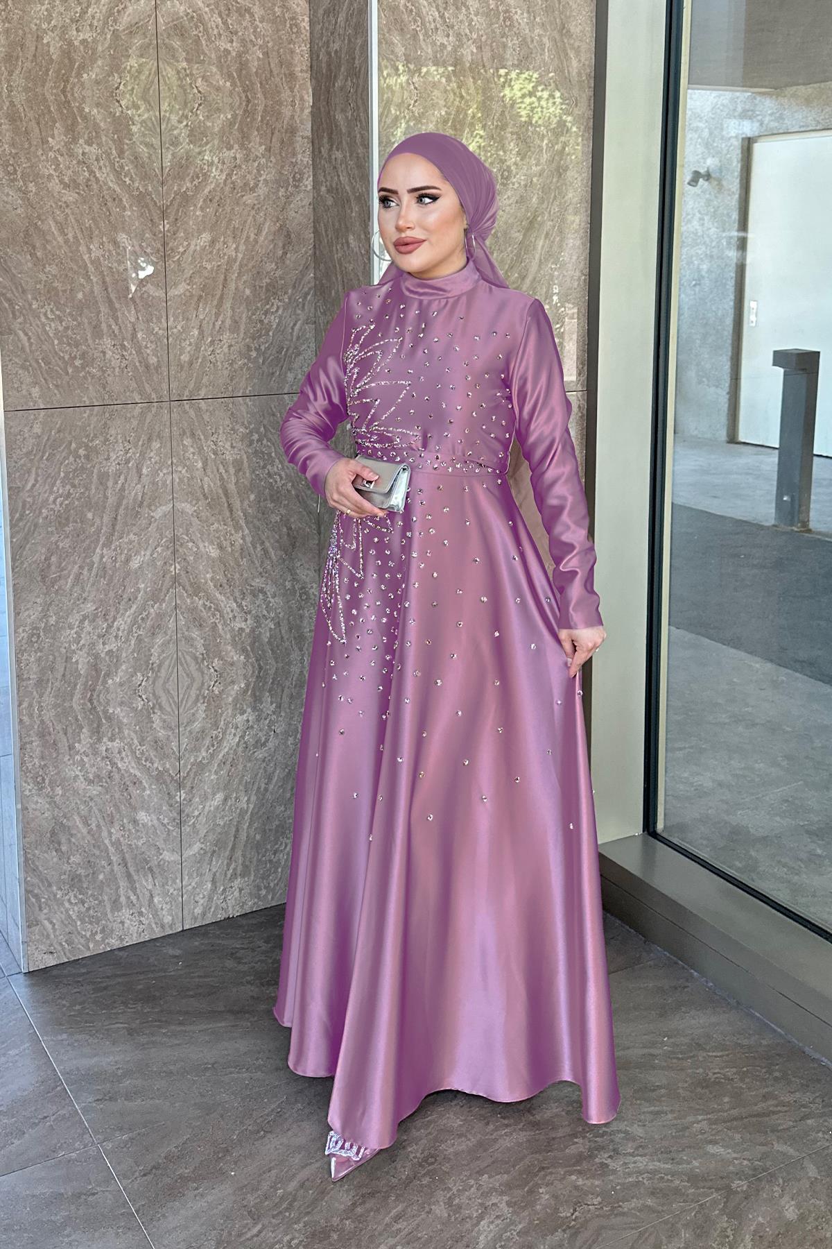 Tesettür Birce Saten Abiye LilaLP6081