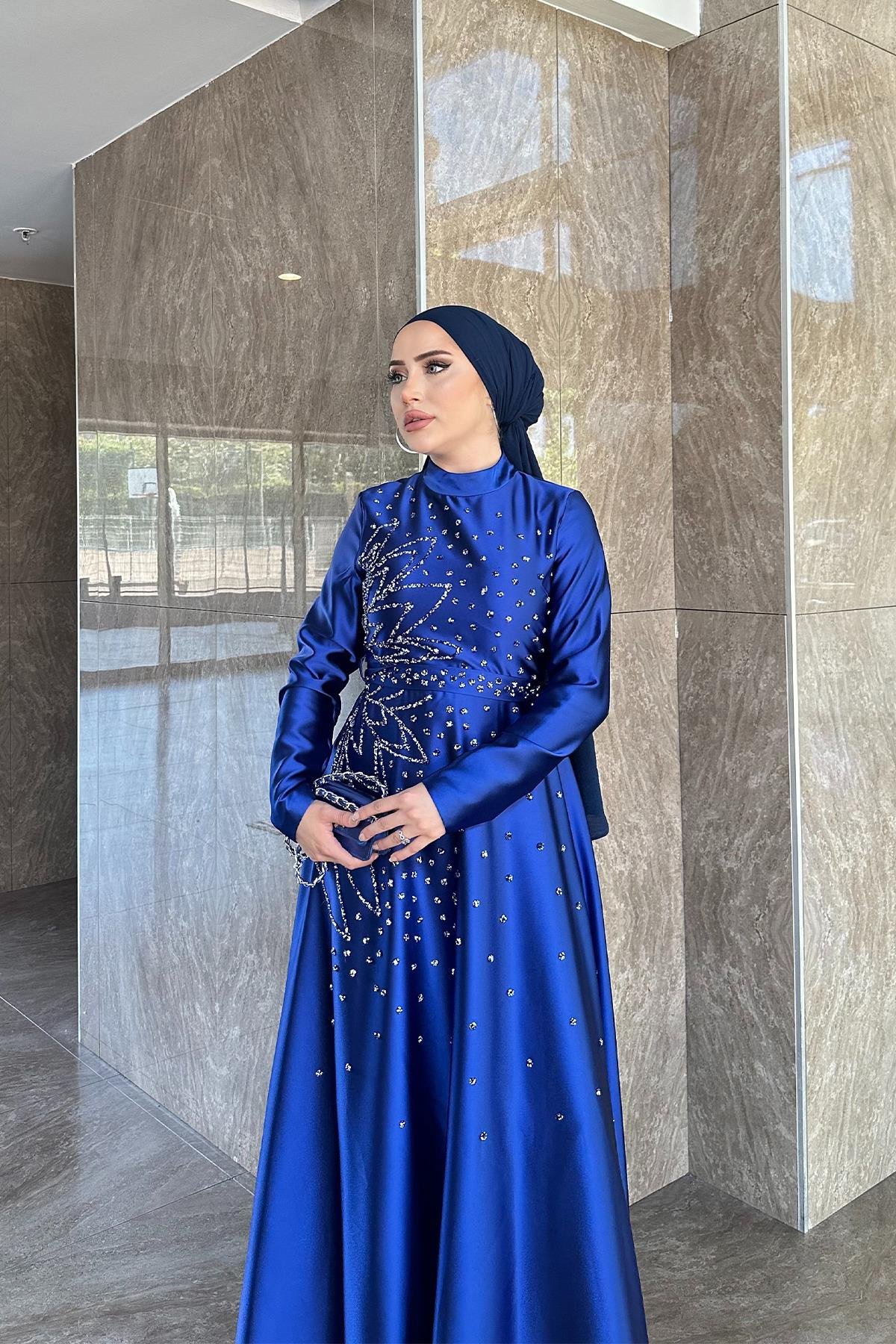 Tesettür Birce Saten Abiye Saks MavisiLP6081