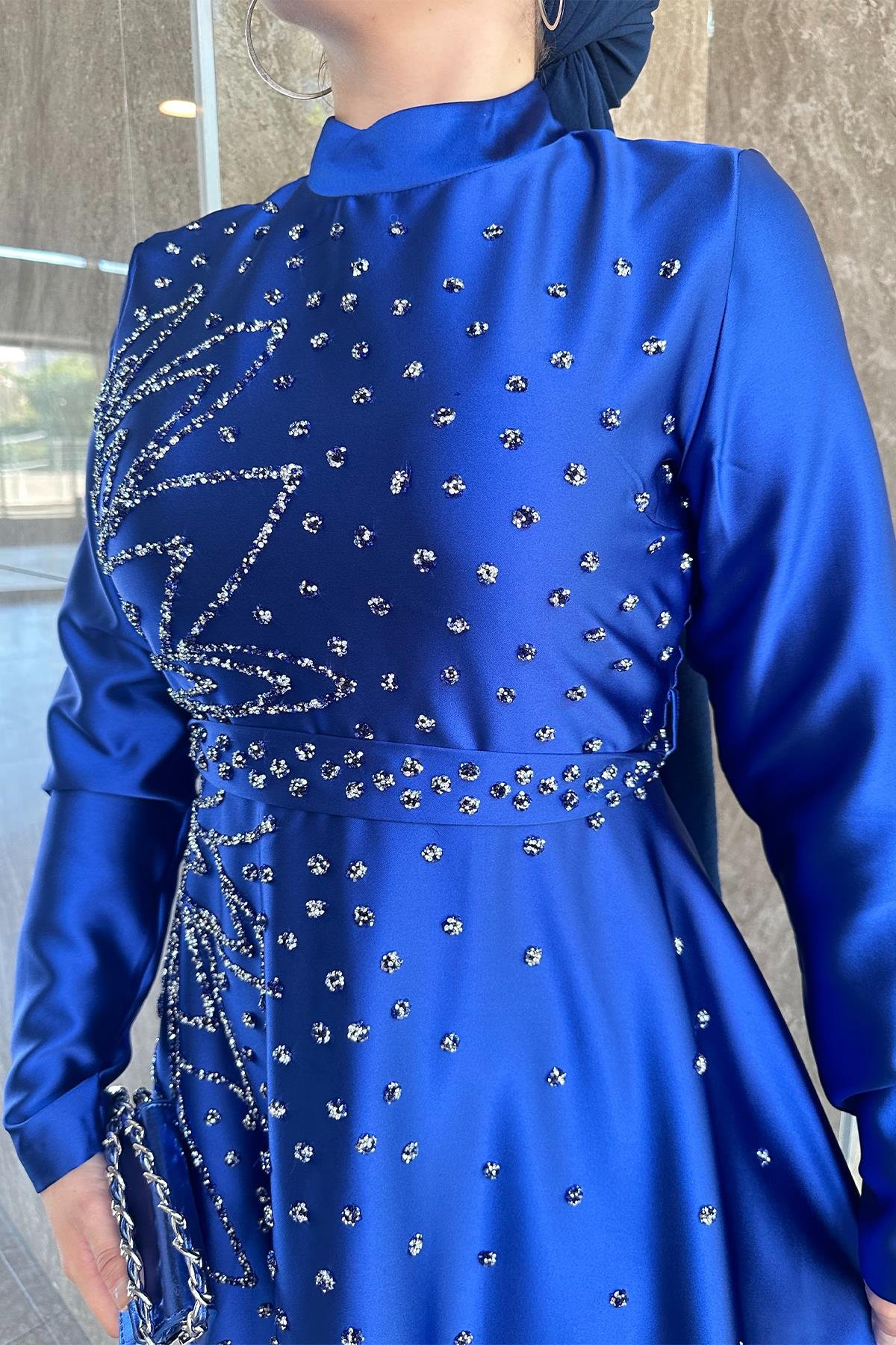 Tesettür Birce Saten Abiye Saks MavisiLP6081