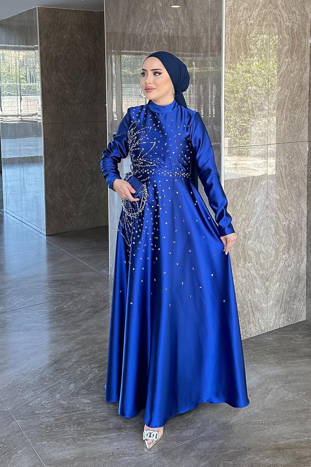 Tesettür Birce Saten Abiye Saks MavisiLP6081