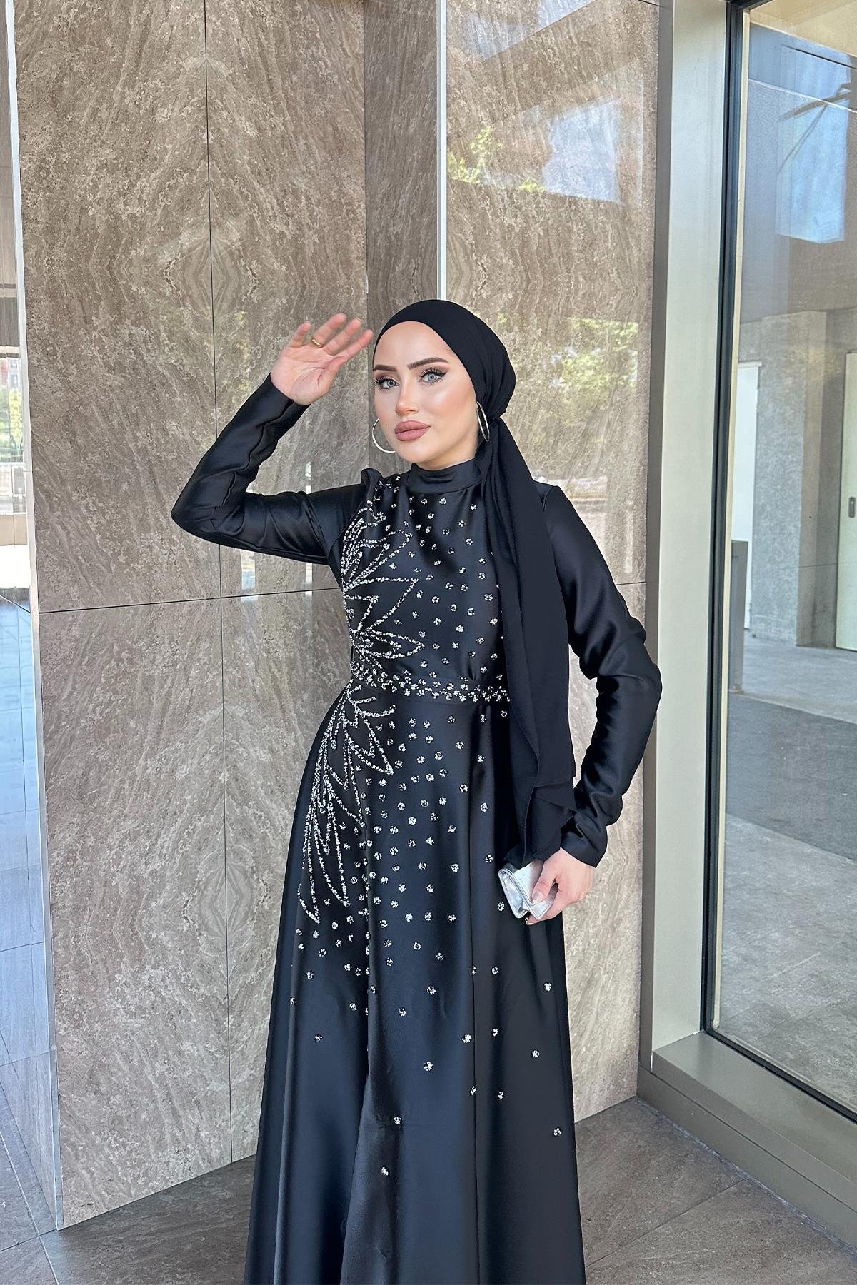 Tesettür Birce Saten Abiye SiyahLP6081