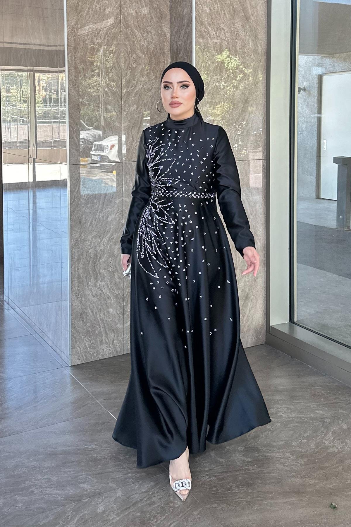 Tesettür Birce Saten Abiye SiyahLP6081