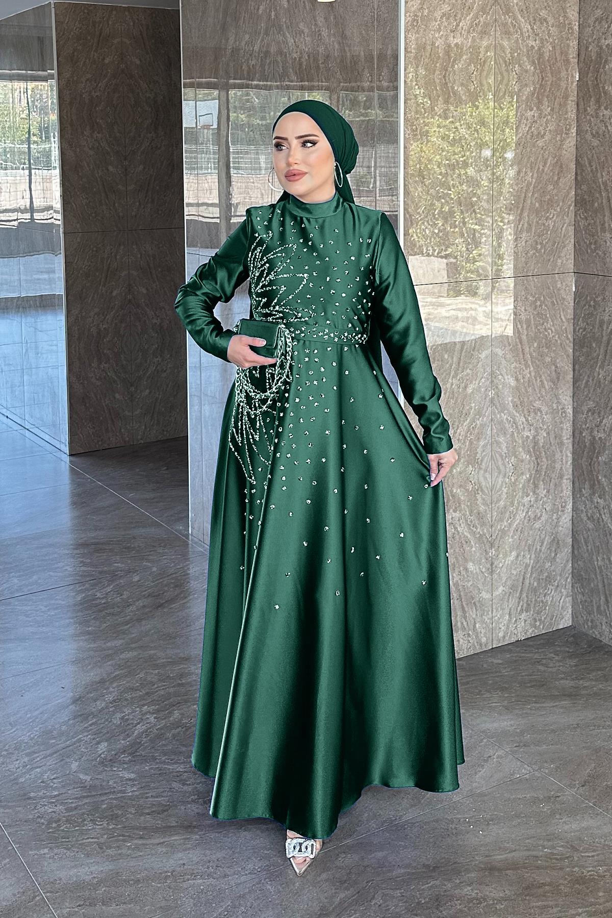 Tesettür Birce Saten Abiye Zümrüt YeşiliLP6081