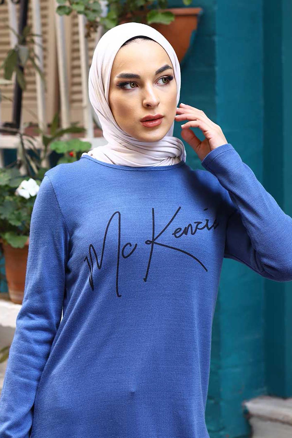 Tesettür Bisiklet Yaka Baskılı Tunik MaviHM1660