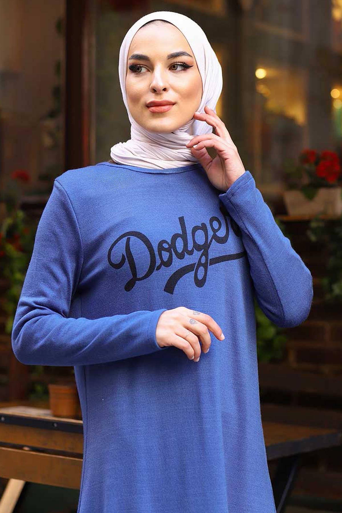 Tesettür Bisiklet Yaka Baskılı Tunik MaviHM1661