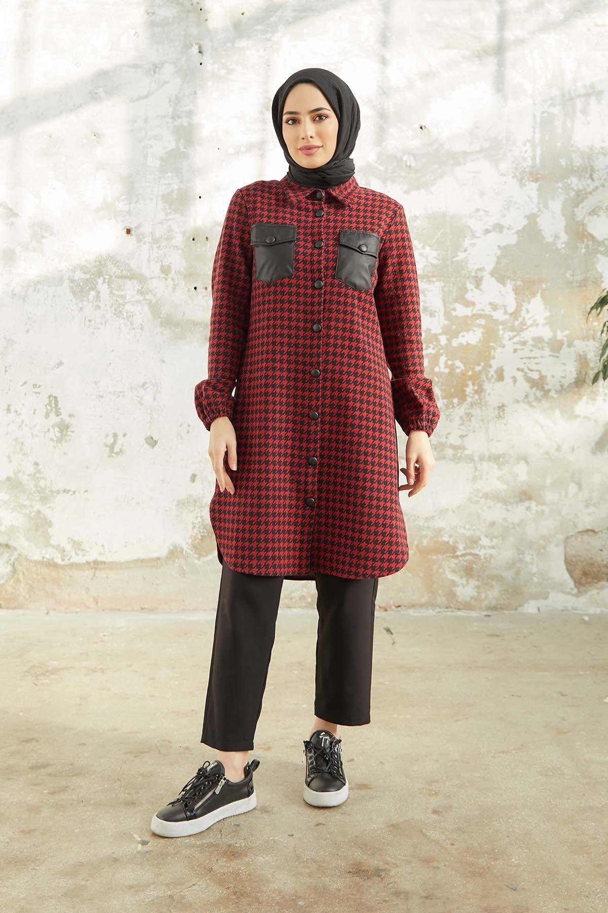 Tesettür Boydan Düğmeli Tunik BordoTK0004