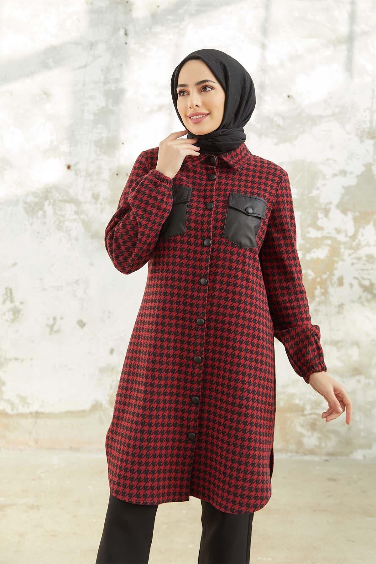 Tesettür Boydan Düğmeli Tunik BordoTK0004