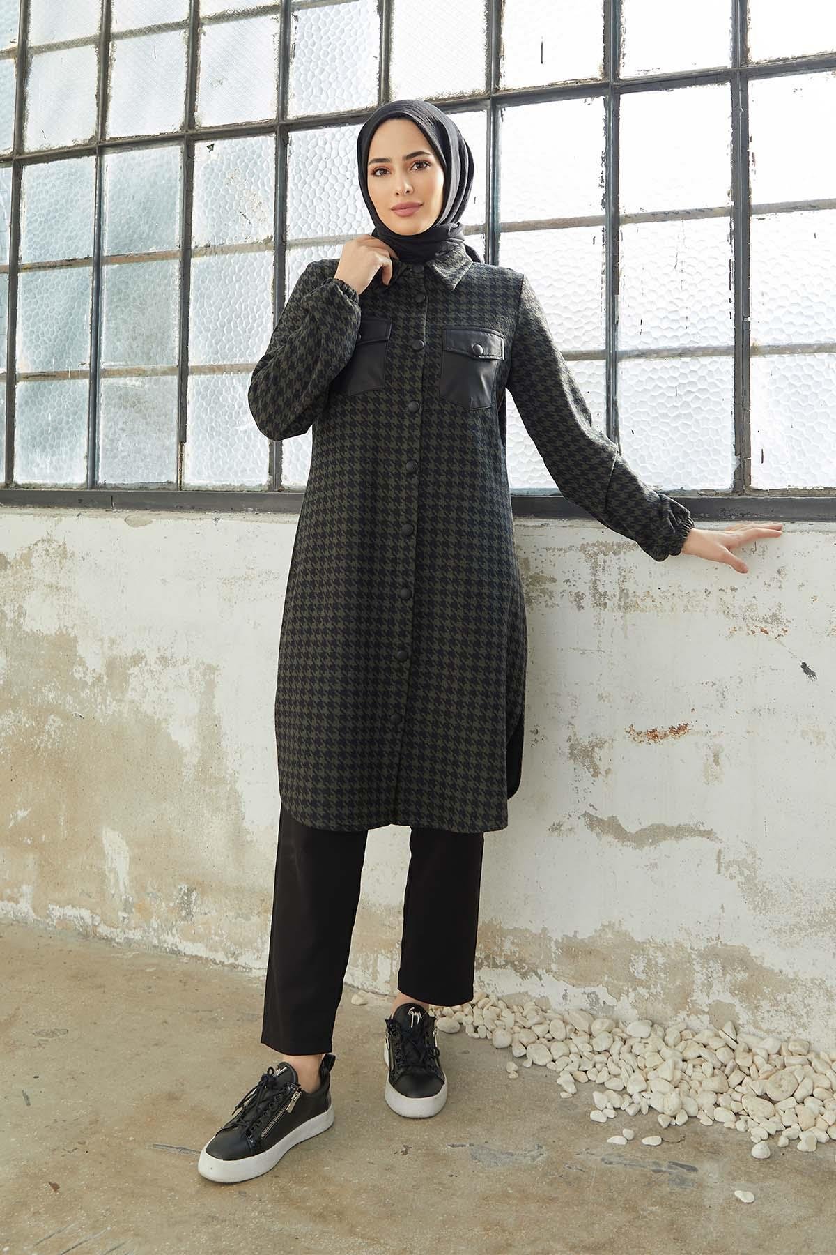 Tesettür Boydan Düğmeli Tunik HakiTK0004