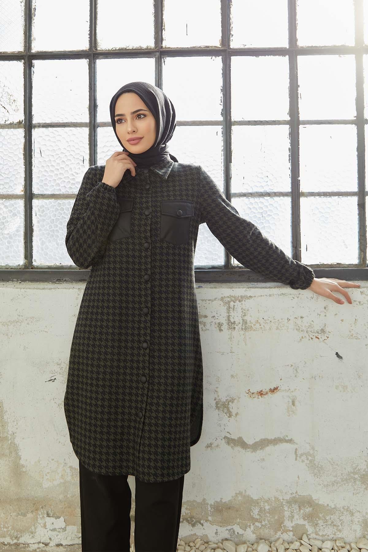 Tesettür Boydan Düğmeli Tunik HakiTK0004