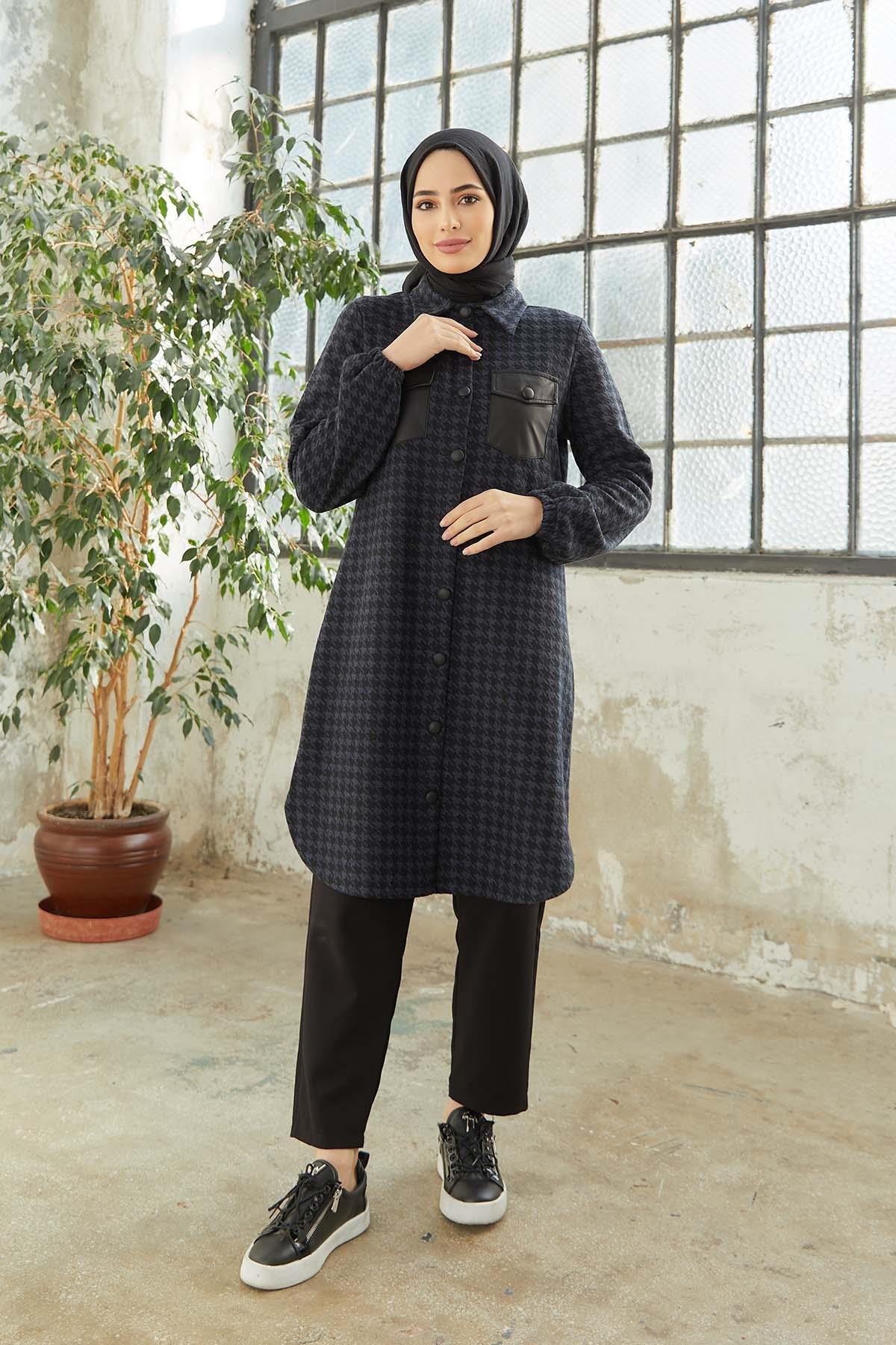 Tesettür Boydan Düğmeli Tunik IndigoTK0004