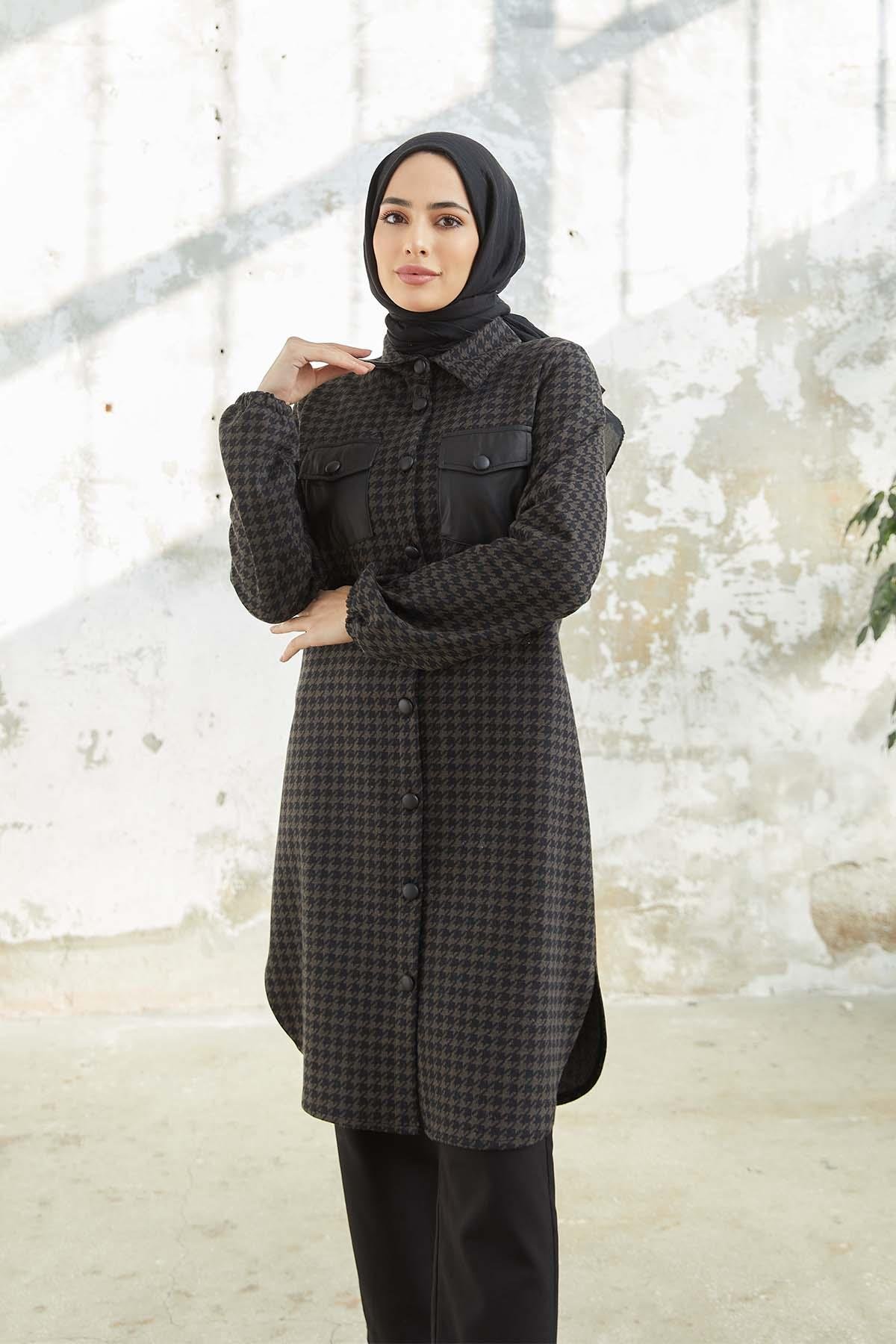 Tesettür Boydan Düğmeli Tunik kahverengiTK0004