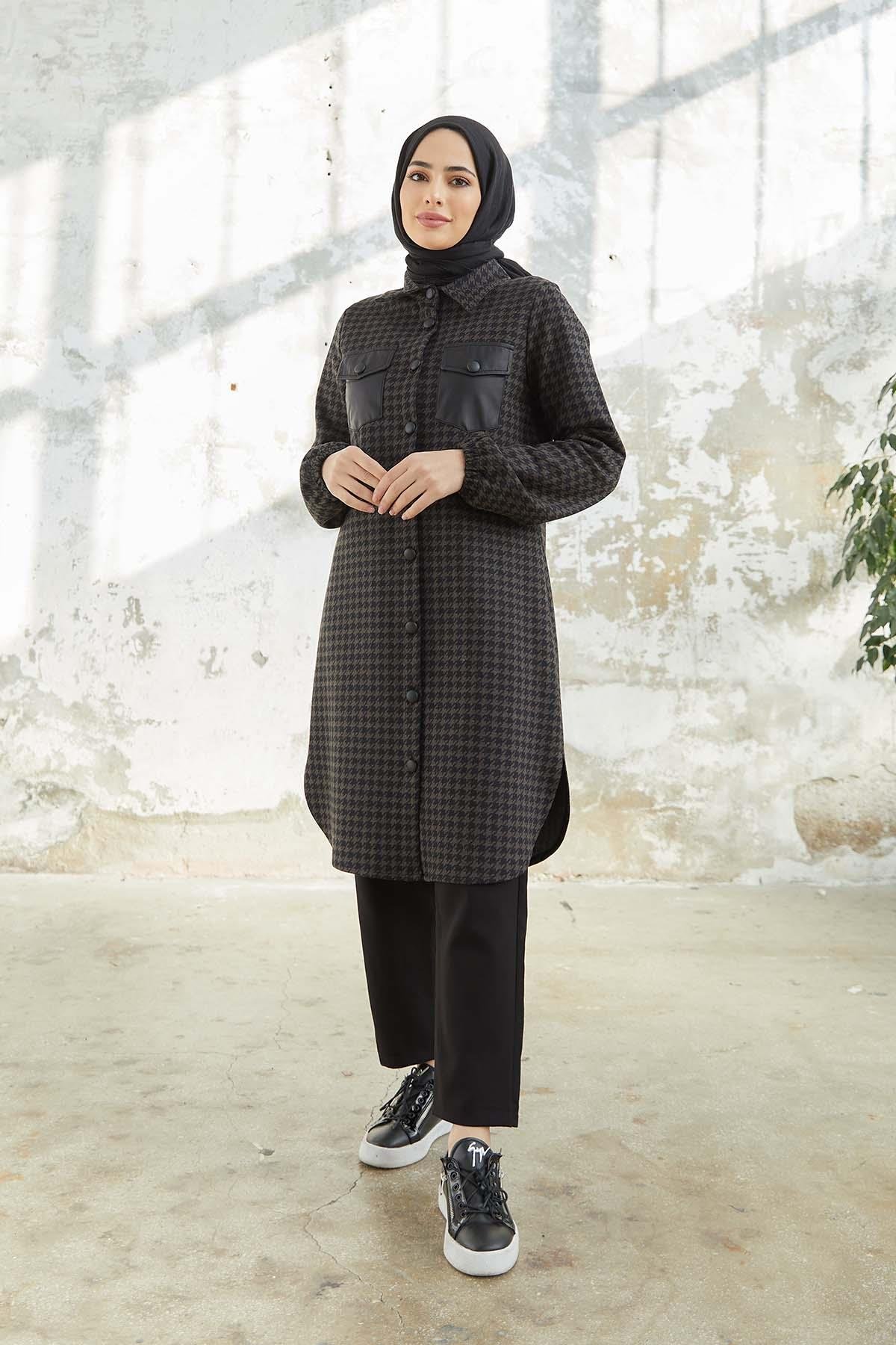 Tesettür Boydan Düğmeli Tunik kahverengiTK0004