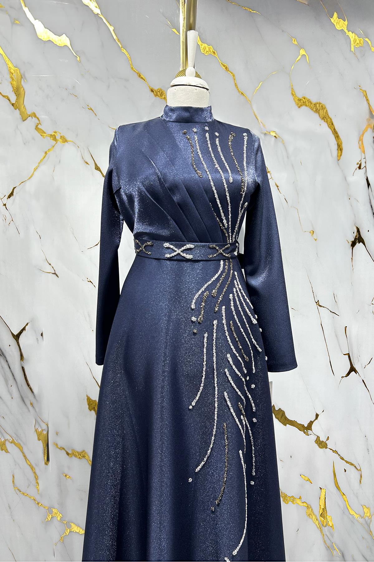 Tesettür Burcu Krep Saten Abiye LacivertLP6067