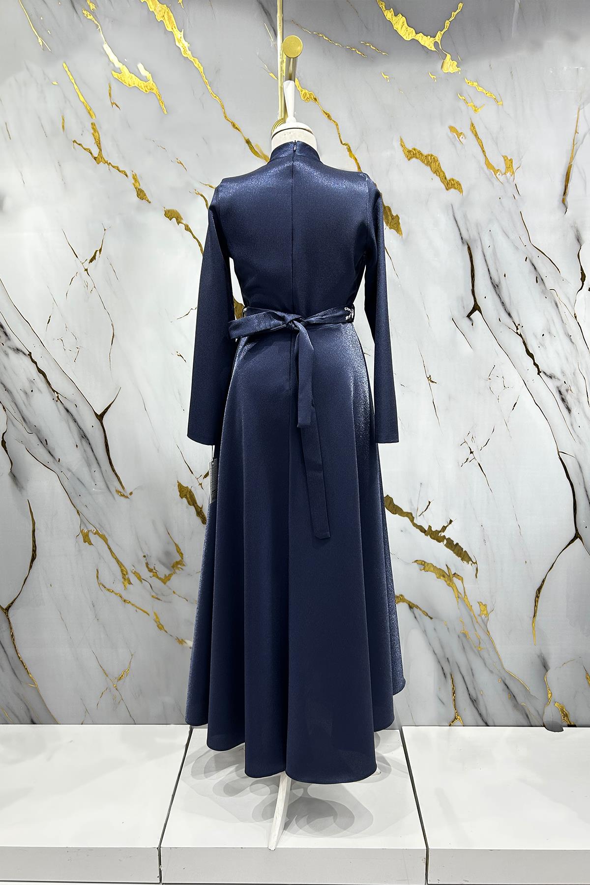 Tesettür Burcu Krep Saten Abiye LacivertLP6067