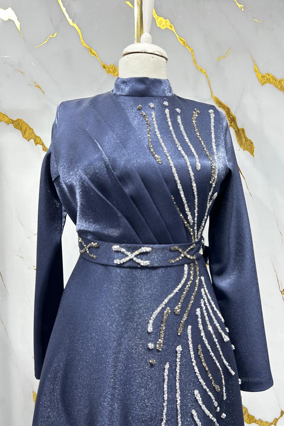 Tesettür Burcu Krep Saten Abiye LacivertLP6067