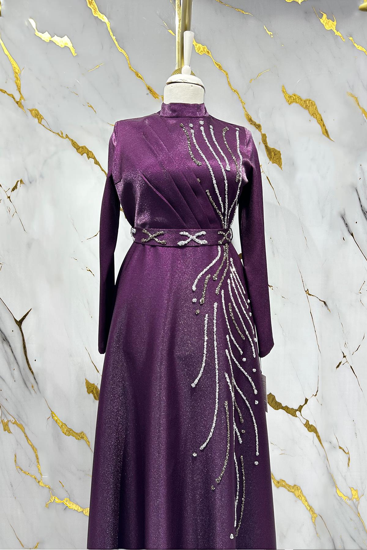 Tesettür Burcu Krep Saten Abiye MorLP6067