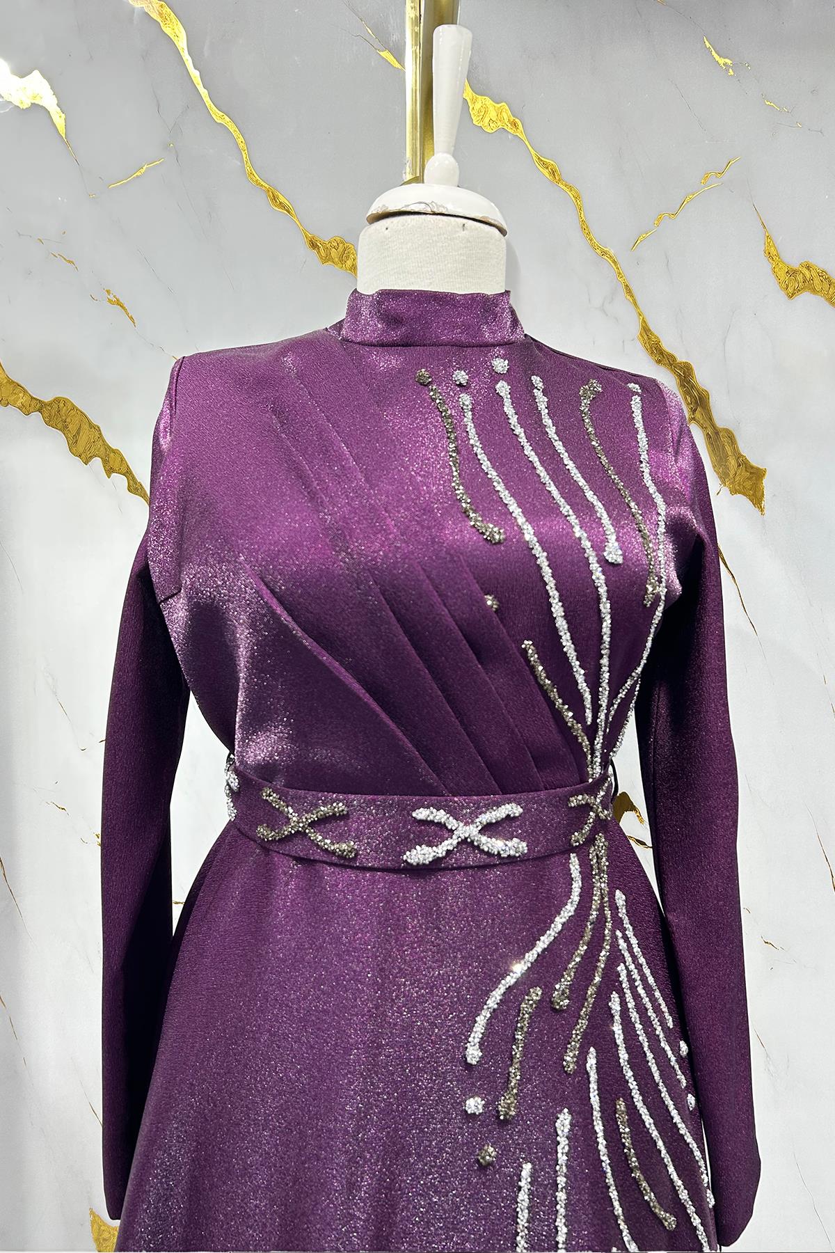 Tesettür Burcu Krep Saten Abiye MorLP6067