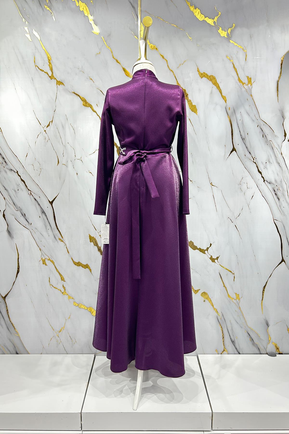 Tesettür Burcu Krep Saten Abiye MorLP6067