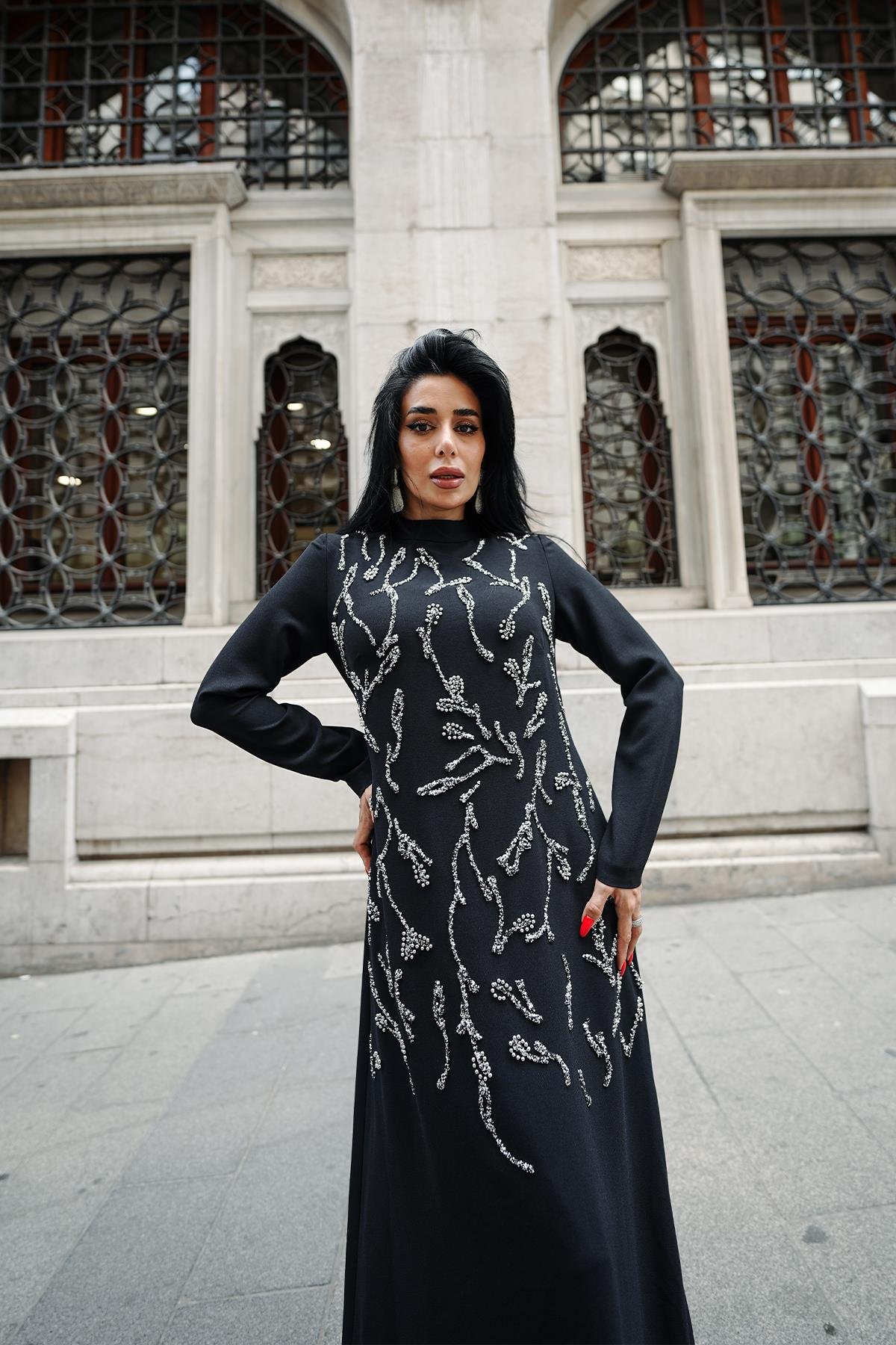 Tesettür Büyük Beden Alize Adriana Krep Abiye SiyahLP6305