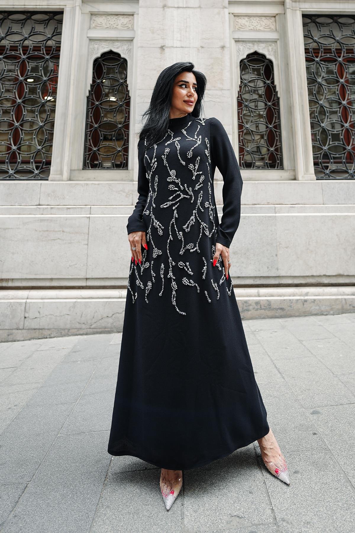 Tesettür Büyük Beden Alize Adriana Krep Abiye SiyahLP6305