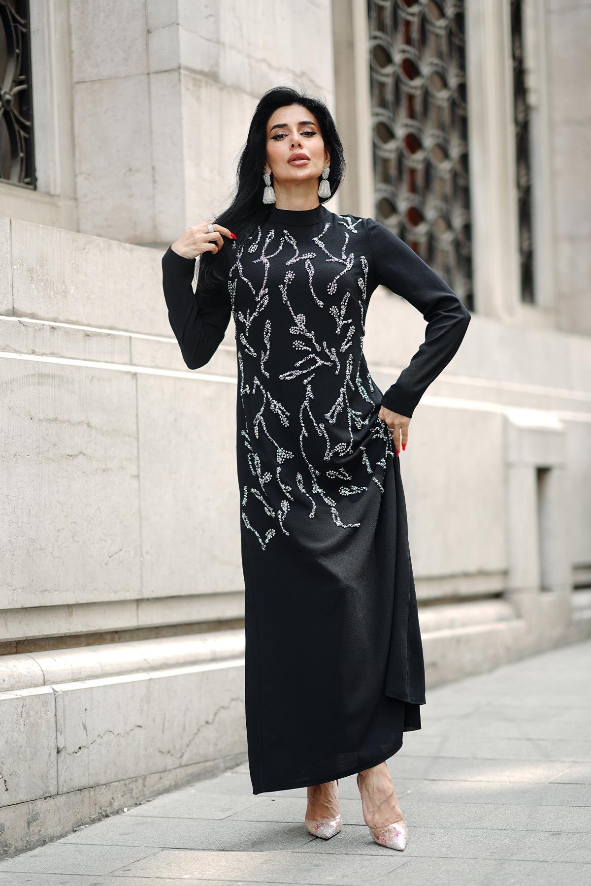 Tesettür Büyük Beden Alize Adriana Krep Abiye SiyahLP6305