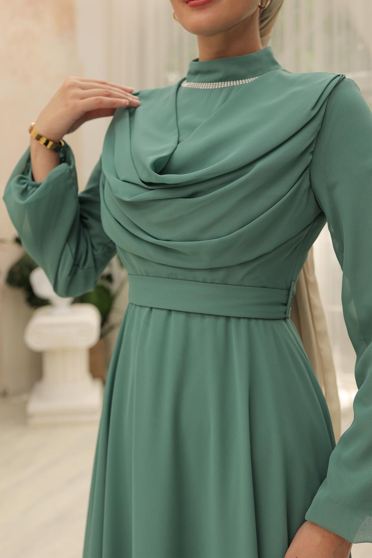 Tesettür Büyük Beden Ariyana Şal Yaka Abiye Mint YeşiliHM2010