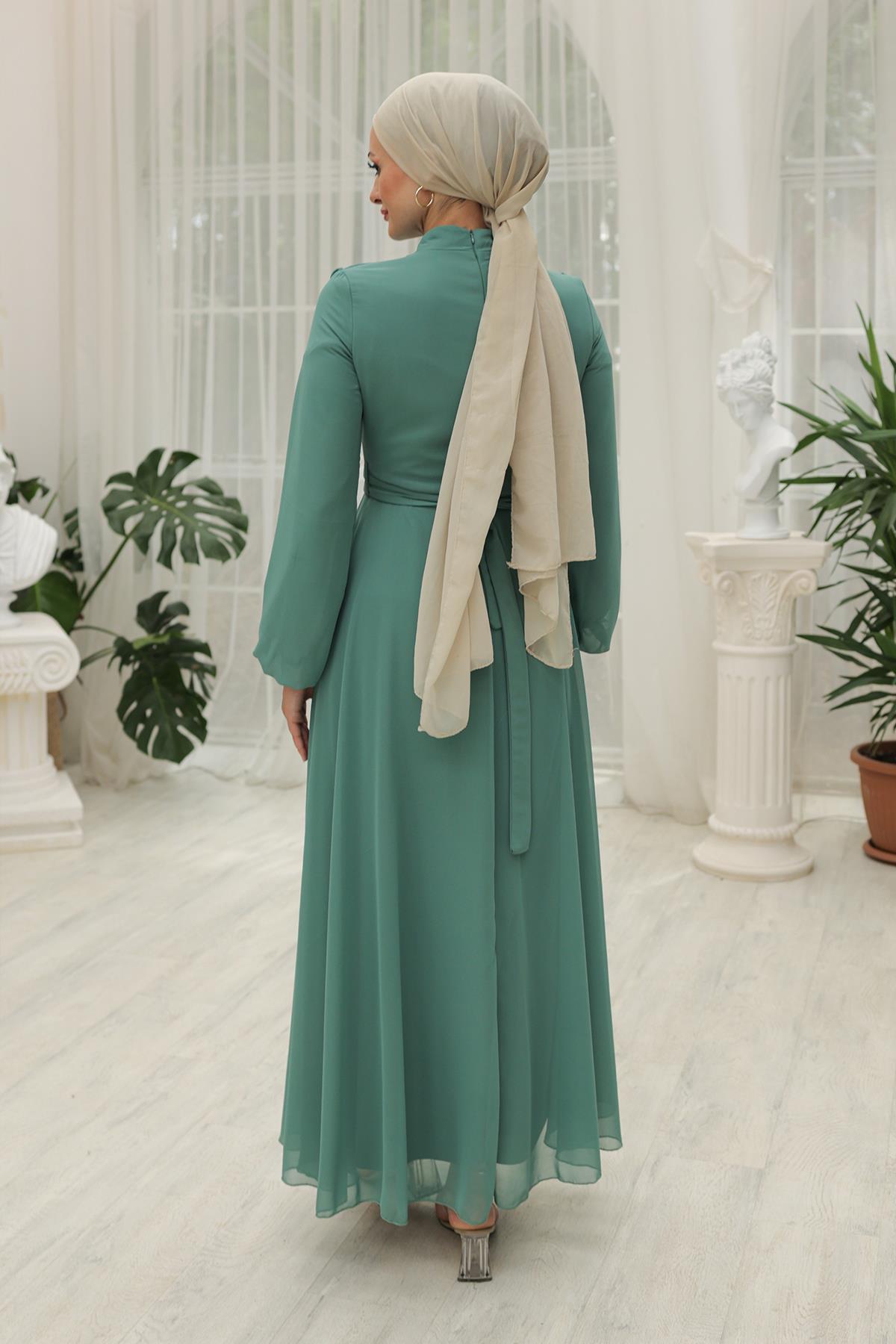 Tesettür Büyük Beden Ariyana Şal Yaka Abiye Mint YeşiliHM2010