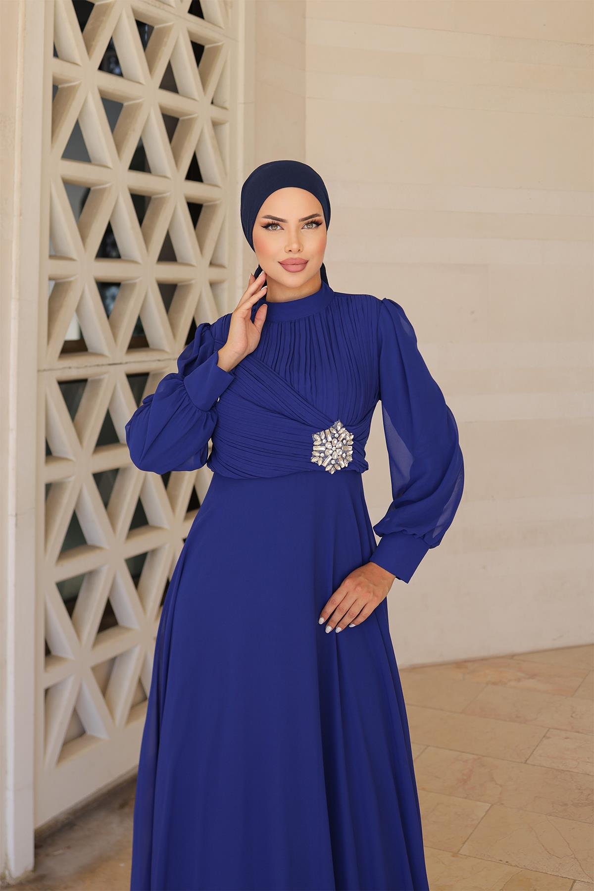 Tesettür Büyük Beden Gizem Şifon Abiye Saks MavisiLP6085