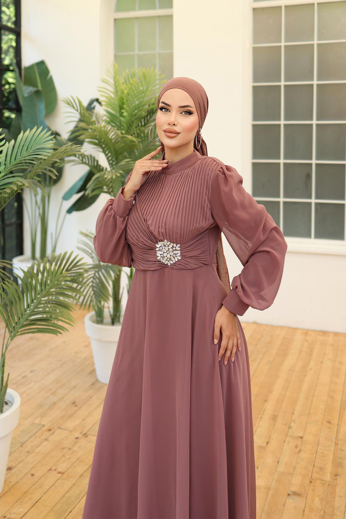 Tesettür Büyük Beden Gizem Şifon Abiye GülLP6085