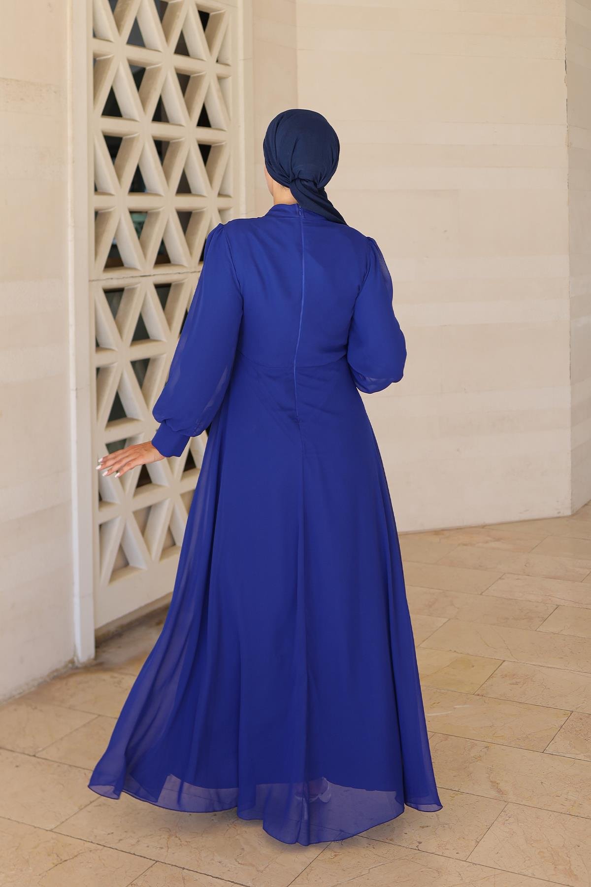 Tesettür Büyük Beden Gizem Şifon Abiye Saks MavisiLP6085