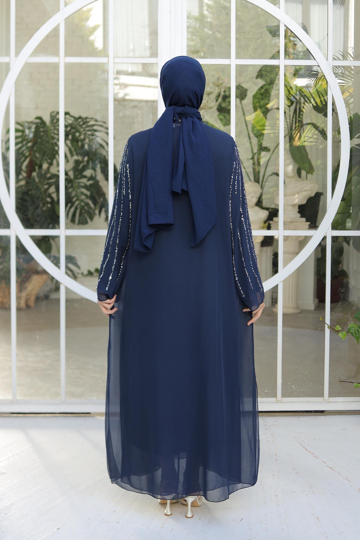 Tesettür Mahinur Şifon Abiye LacivertLP6127