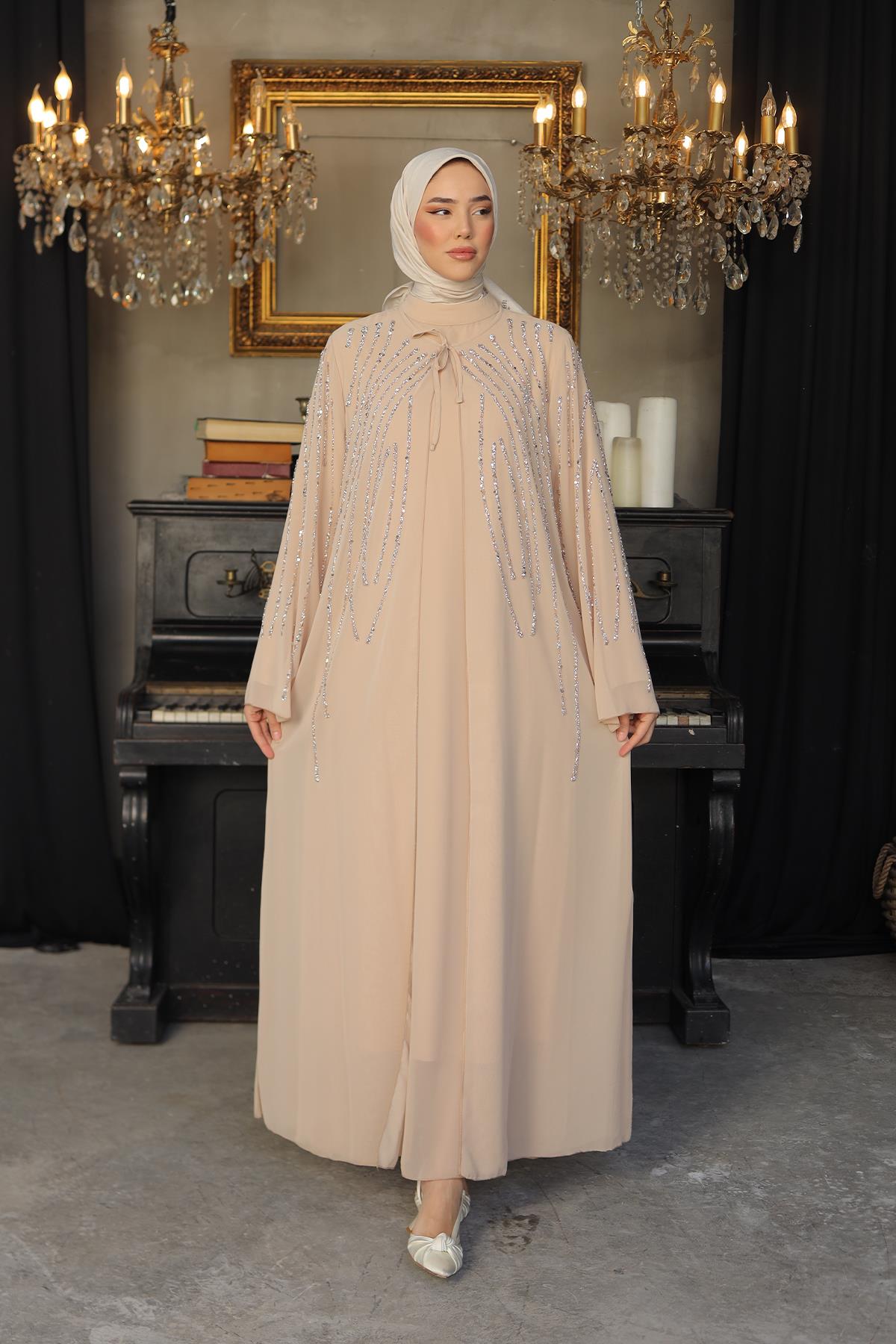 Tesettür Mahinur Şifon Abiye CamelLP6127