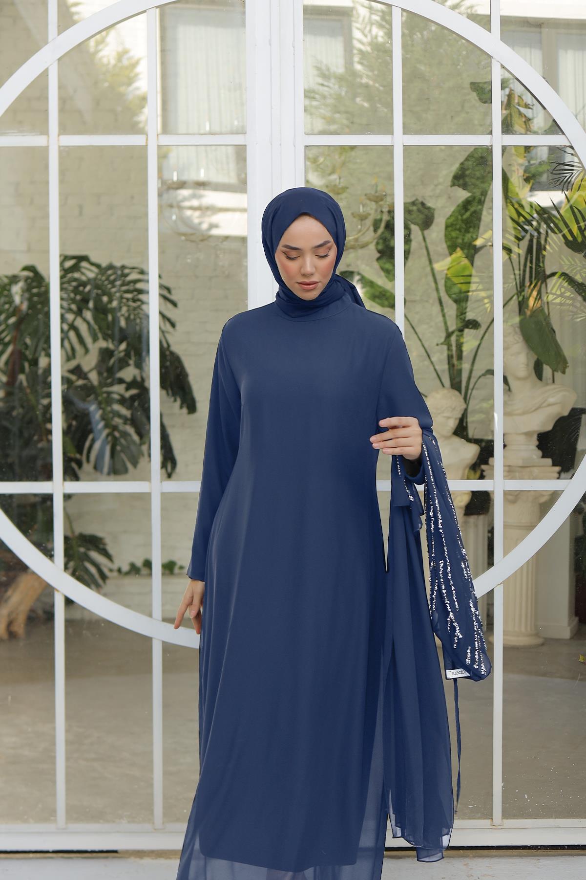 Tesettür Mahinur Şifon Abiye LacivertLP6127
