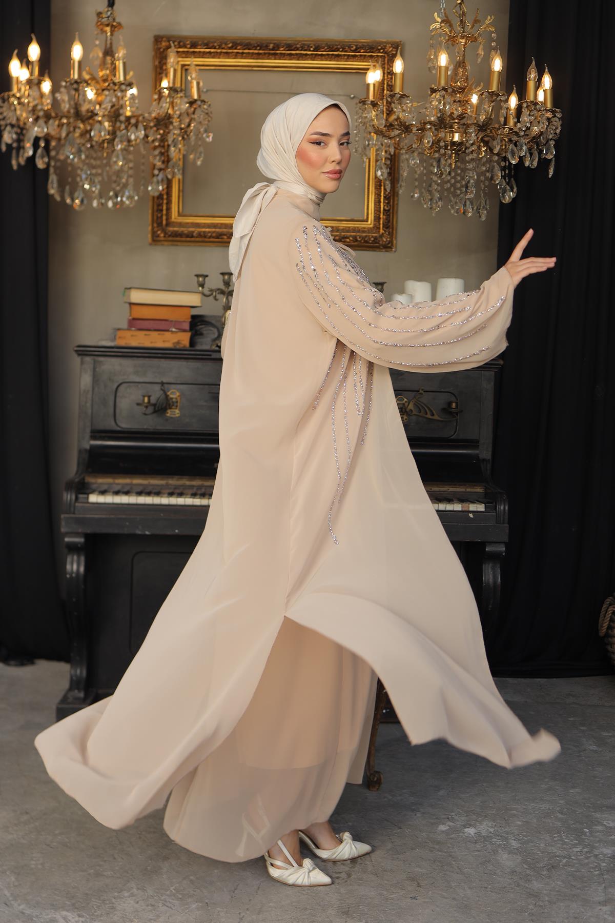 Tesettür Mahinur Şifon Abiye CamelLP6127