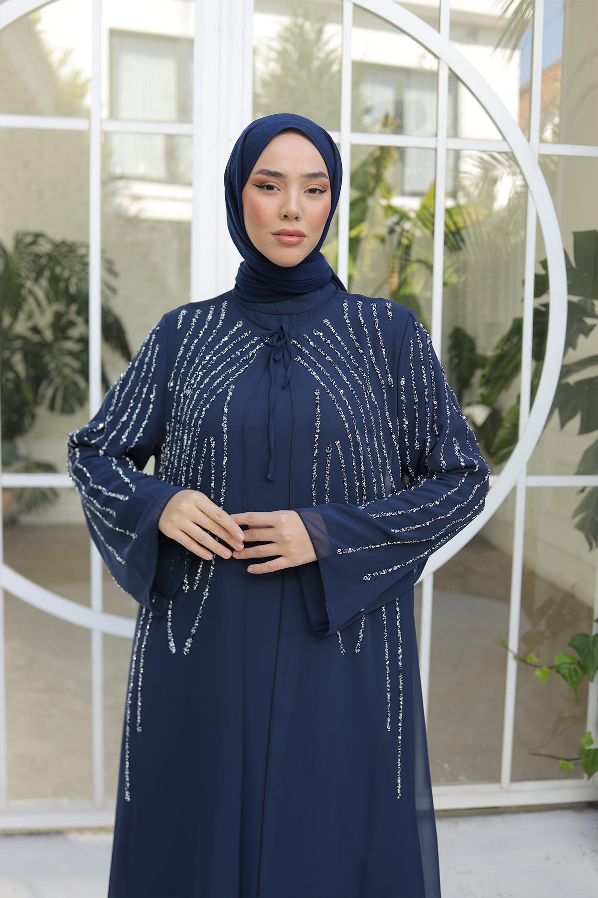 Tesettür Mahinur Şifon Abiye LacivertLP6127