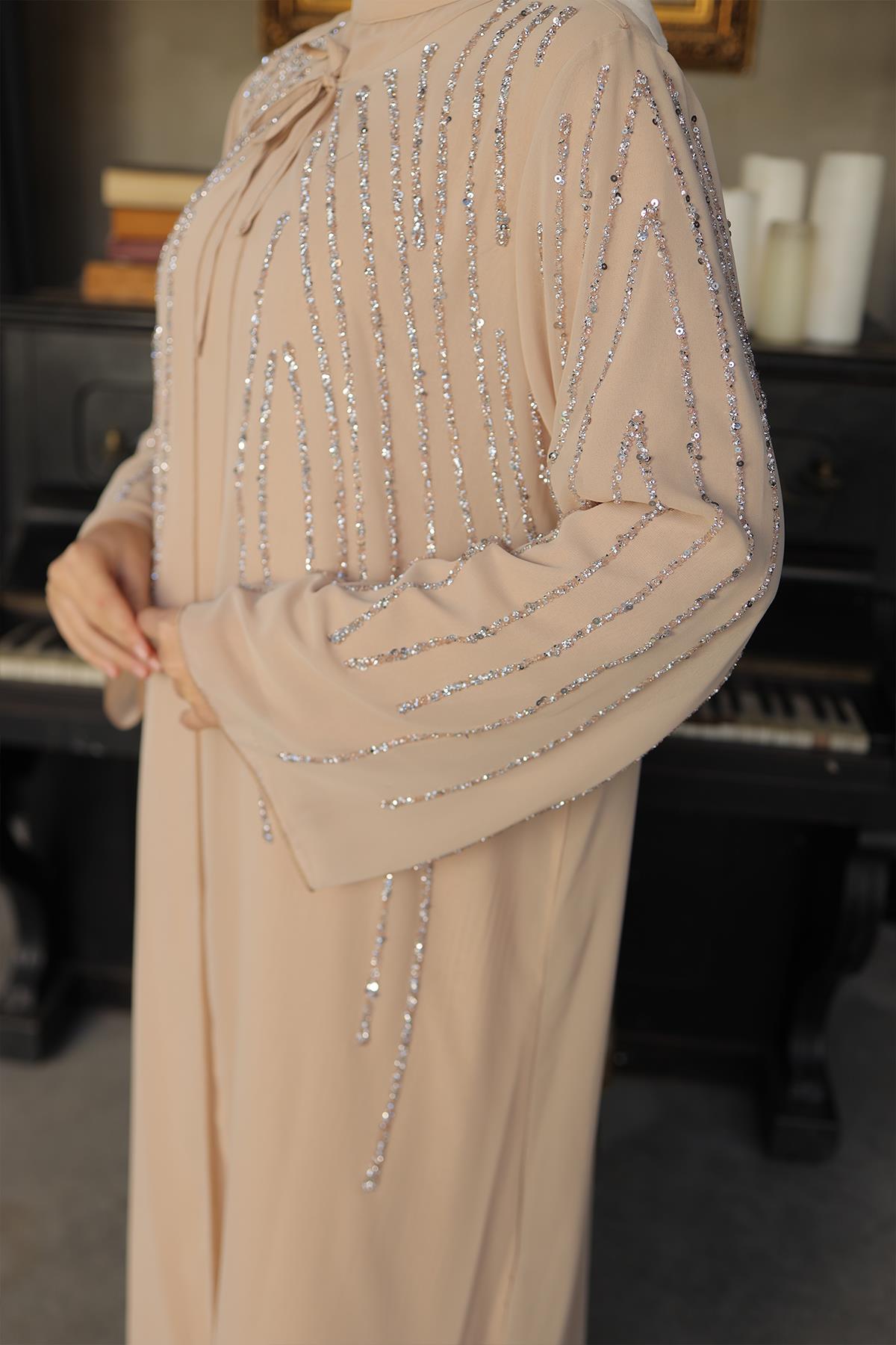 Tesettür Mahinur Şifon Abiye CamelLP6127