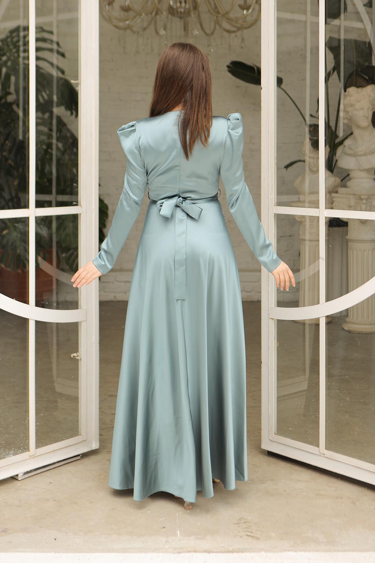 Tesettür Ceylam Saten Abiye Mint YeşiliLP6044