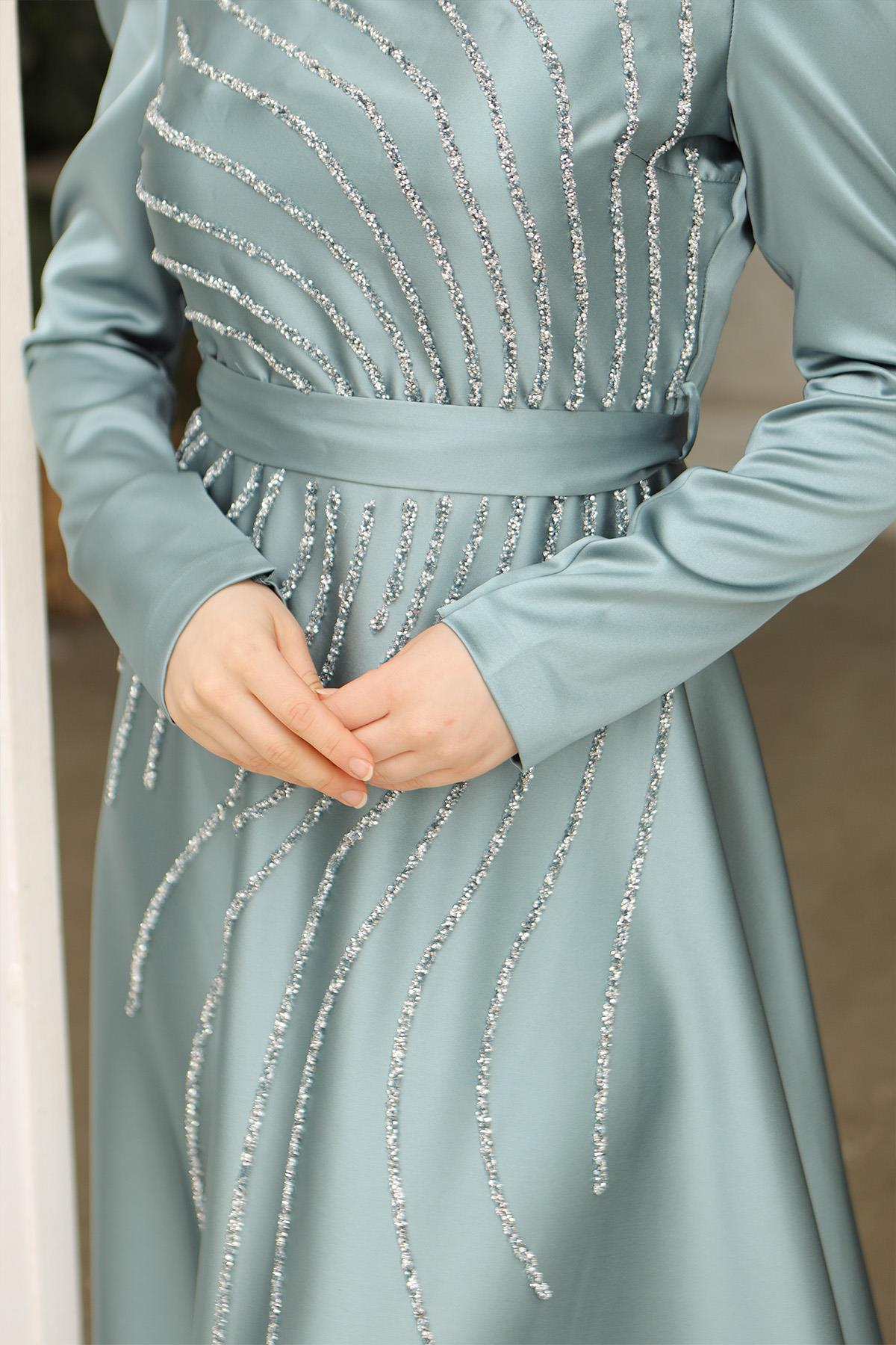 Tesettür Ceylam Saten Abiye Mint YeşiliLP6044