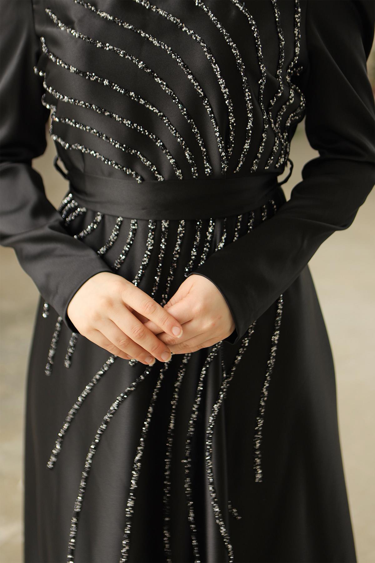 Tesettür Ceylam Saten Abiye SiyahLP6044