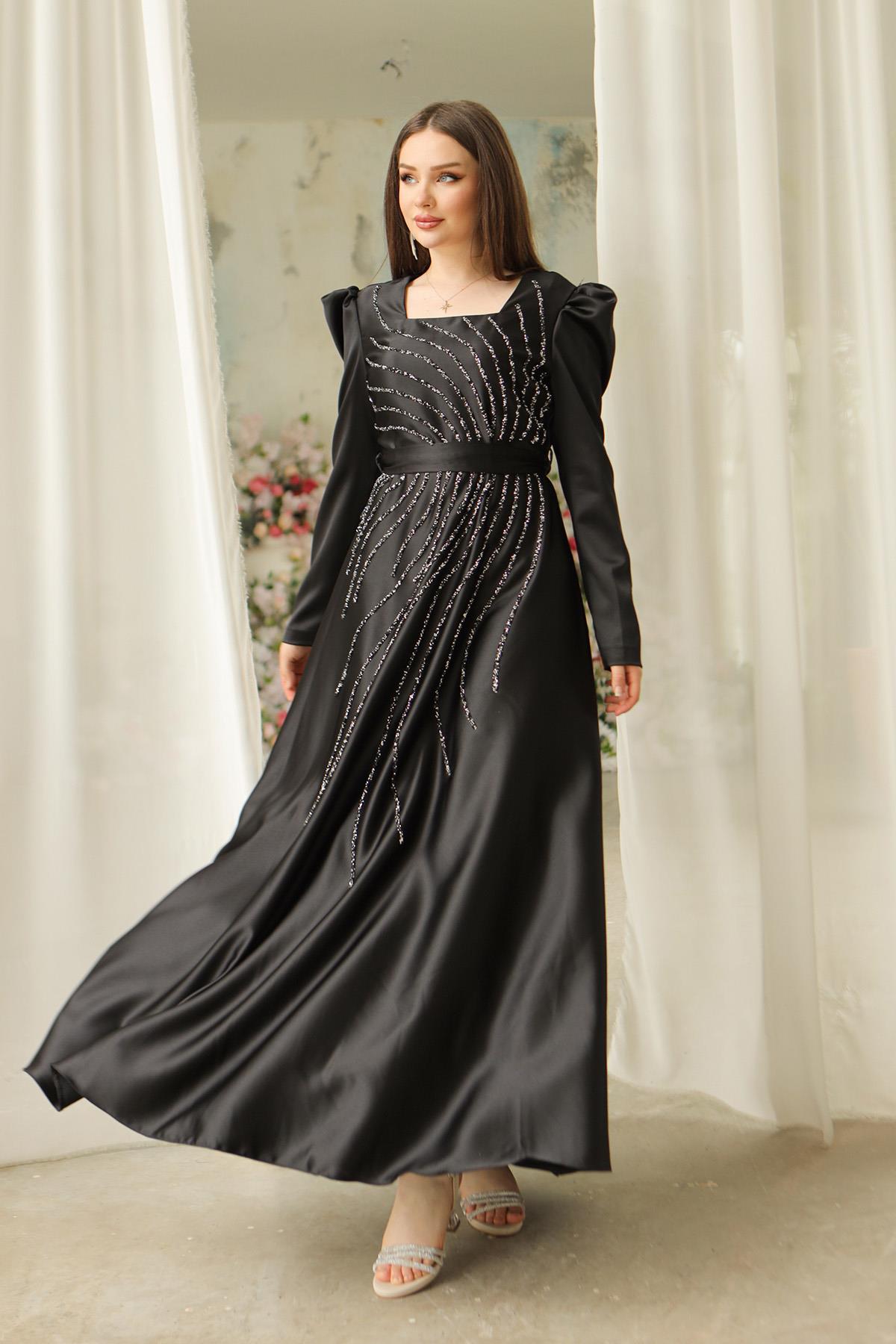 Tesettür Ceylam Saten Abiye SiyahLP6044