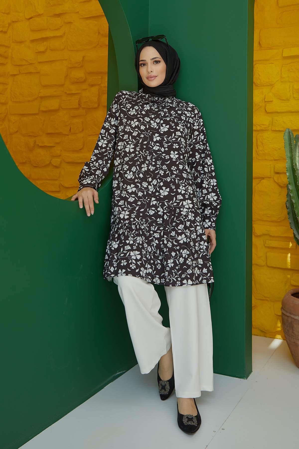 Tesettür Çiçek Desenli Tunik SiyahHM4040